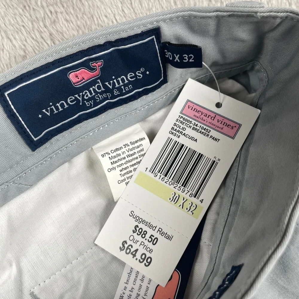 New Vineyard Vines Breaker Pant Men 30x32 Slim Fit Gray Preppy Golf Office Chino